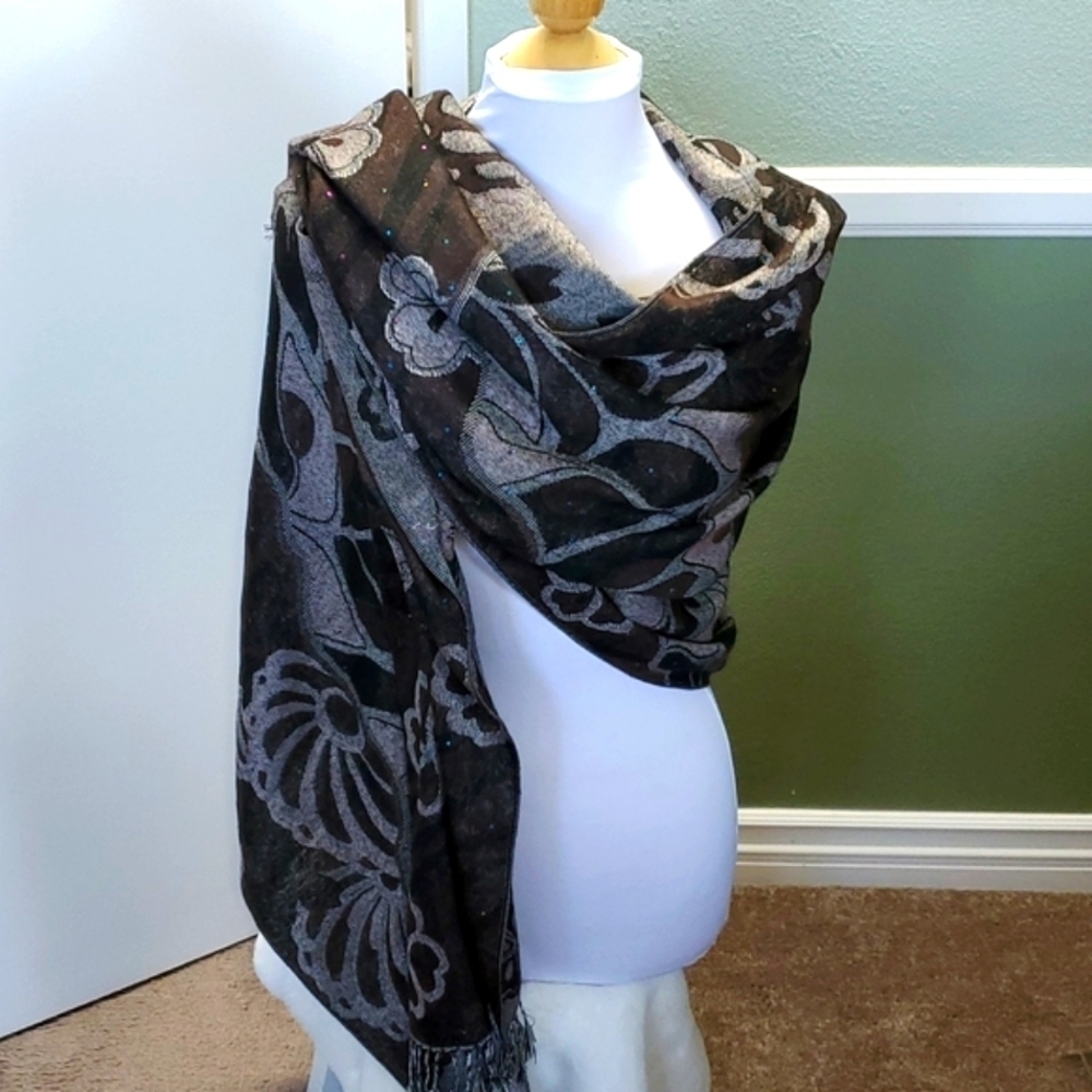 Pashmina Soft Silky Reversible, Floral Print Fringed Scarf/Shawl